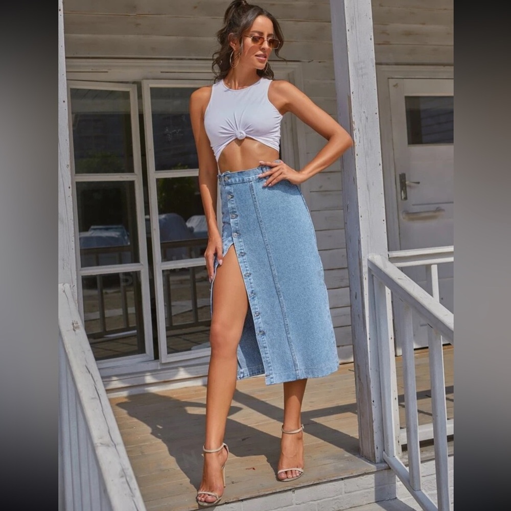 Button Front Long Denim Skirt Medium Wash